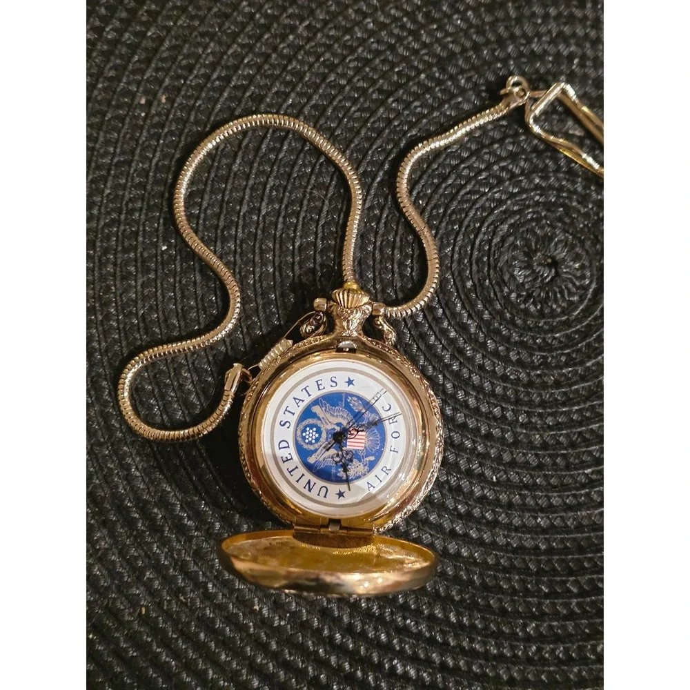 Mens United‎ States Air Force Pocket Watch Gold Tone Chain Keepsake